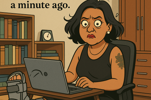 A woman stares wide-eyed at her laptop, ankle in a boot, in a home office. Caption: "So much for the ‘piece’ of ‘peace’ I typed a minute ago." A visual take on losing peace and finding sarcasm.