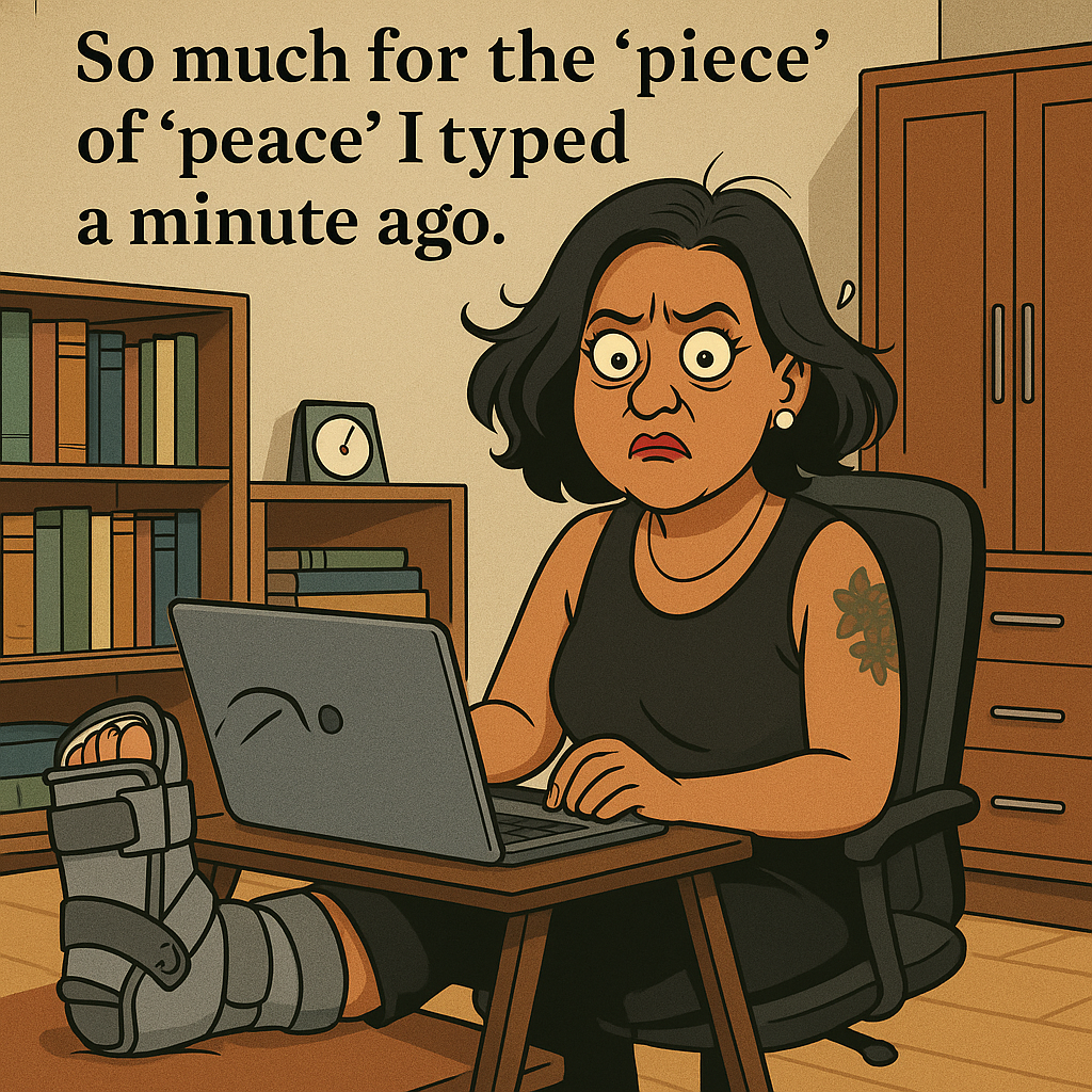 A woman stares wide-eyed at her laptop, ankle in a boot, in a home office. Caption: "So much for the ‘piece’ of ‘peace’ I typed a minute ago." A visual take on losing peace and finding sarcasm.