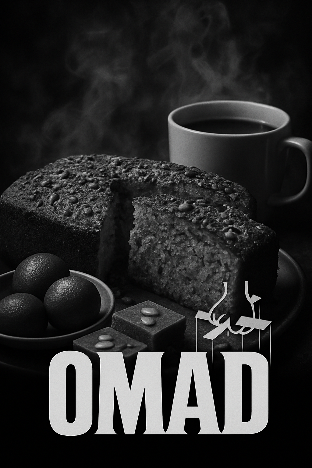 Black coffee beside desserts, symbolising OMAD life and sugar overload with a moody, smoky backdrop.
