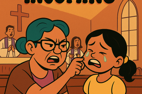 Grandma pinching granddaughter during Sunday Mass in church