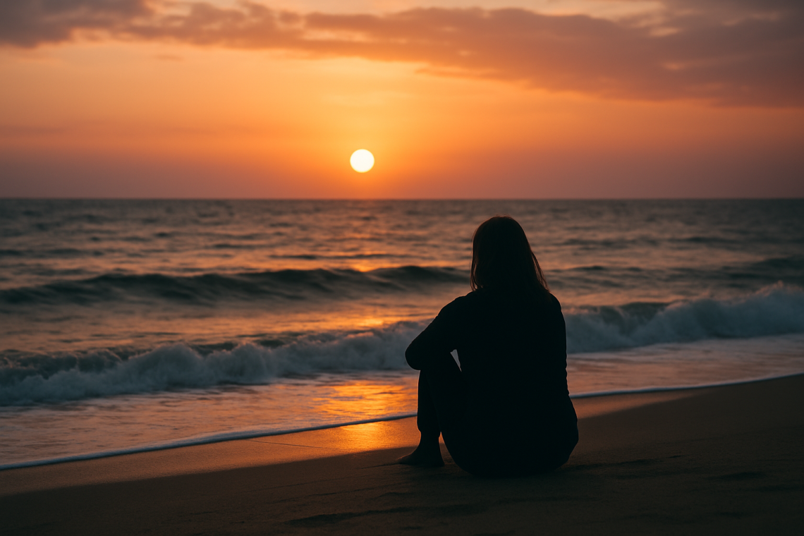A lone person sits on a windswept beach as waves crash around them, reflecting solitude, introspection, and the emotional turbulence of family distance.