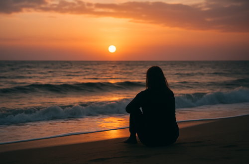 A lone person sits on a windswept beach as waves crash around them, reflecting solitude, introspection, and the emotional turbulence of family distance.