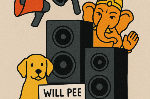 Cartoon illustration showing Ganesh Chaturthi noise pollution: Zoe the golden dog holds a placard “Will pee for peace” beside giant speakers, megaphones, and a Ganesh idol peeking from behind them.