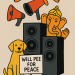 Cartoon illustration showing Ganesh Chaturthi noise pollution: Zoe the golden dog holds a placard “Will pee for peace” beside giant speakers, megaphones, and a Ganesh idol peeking from behind them.