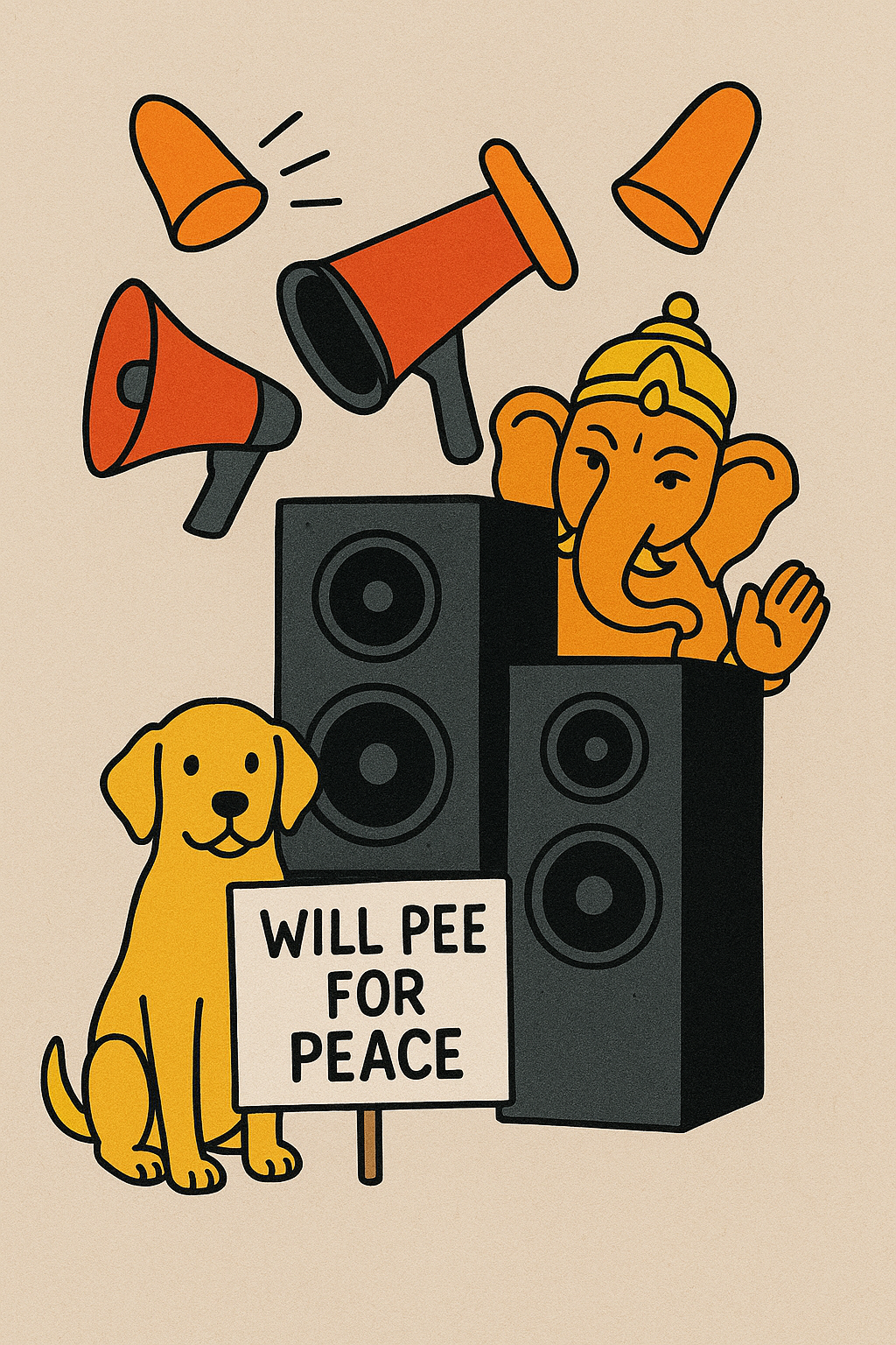Cartoon illustration showing Ganesh Chaturthi noise pollution: Zoe the golden dog holds a placard “Will pee for peace” beside giant speakers, megaphones, and a Ganesh idol peeking from behind them.