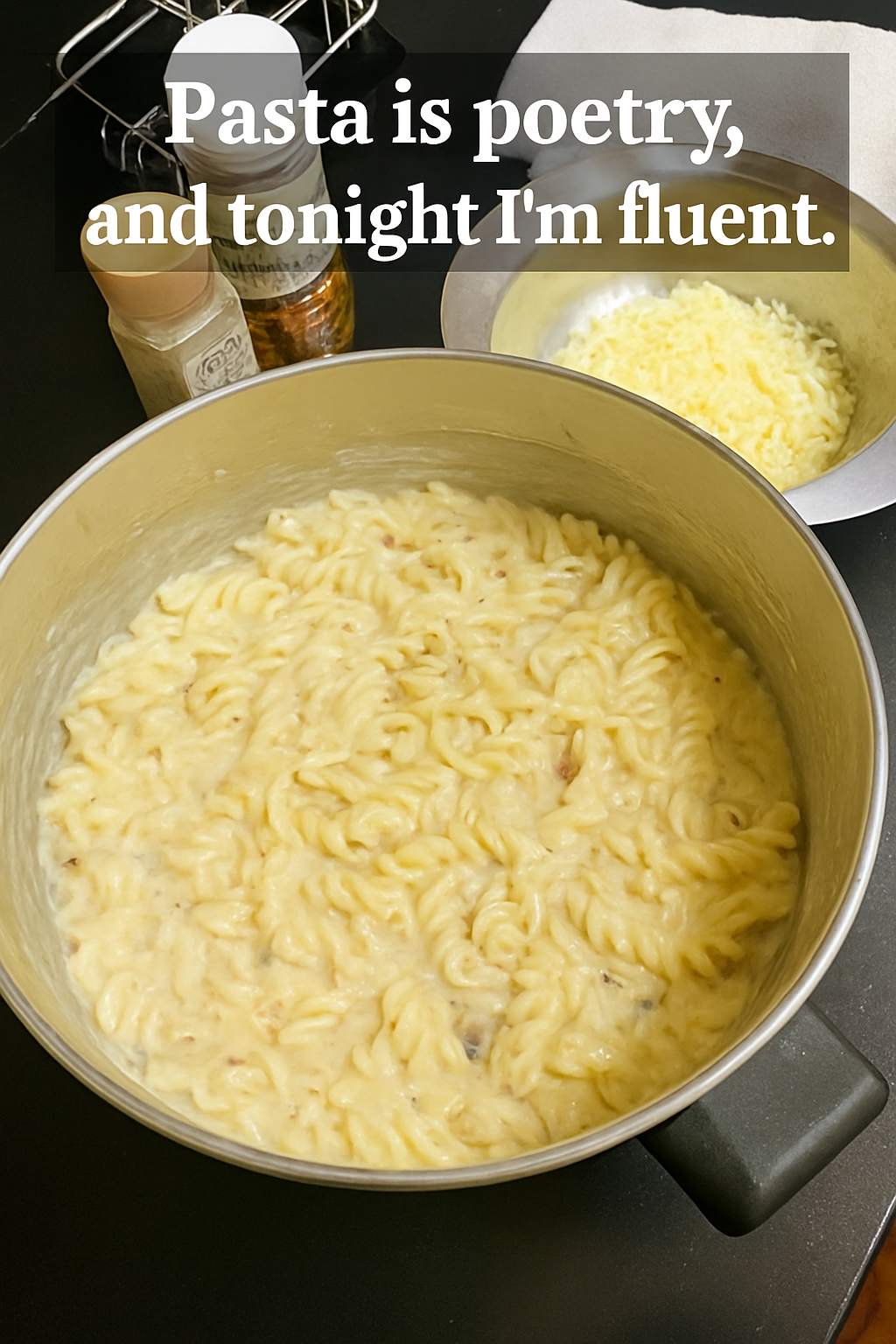 Creamy pasta being stirred in a pan with garlic, olive oil, and sun-dried tomatoes — a rich, home-cooked meal in the making.