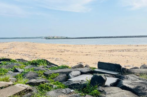 Person standing barefoot on the estuary shore at sunset, with gentle waves and scattered shells.