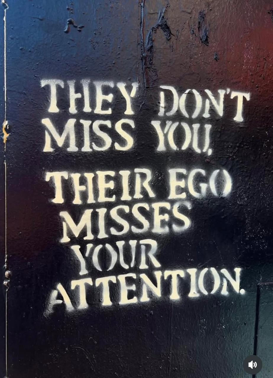 Red poster with white text: “They don’t miss you, they miss your ego.” Minimalist design about walking away and reclaiming peace