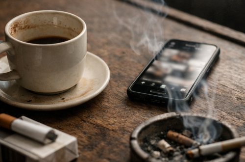 A quiet morning scene with coffee, cigarettes, and a phone on a table, showing how memes replacing conversation has become a form of silent distance.