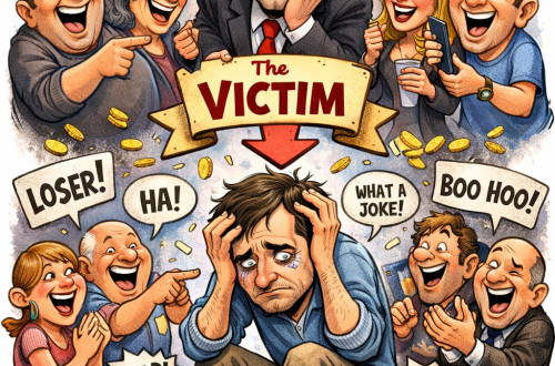 Funny caricature showing a manipulator surrounded by flying monkeys and cronies laughing, while an empathic person sits overwhelmed, symbolising manipulation, smear campaigns and cheap humour at someone else’s expense