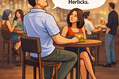 Illustration of a tall man seated at a lounge table with a woman beside him, holding whiskey and concluding a conversation, while others socialize around them.