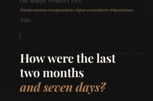 Dark editorial text card reading 'How were the last two months and seven days?' — a Women's Day post by Merlyn Mathias at callmeunfiltered.com